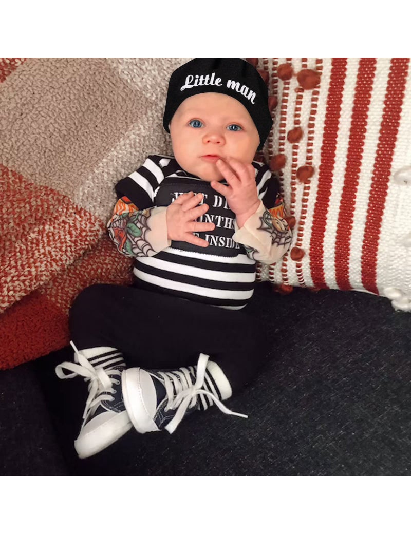 Fommy Baby Boy Clothes 0-3 Months Fake Tattoo Sleeve Just Did 9 Months On The Inside Funny Baby Romper Rockabilly Bodysuits +Little Man Hat + Skull Pant 3PCS Outfits Set - Image 2